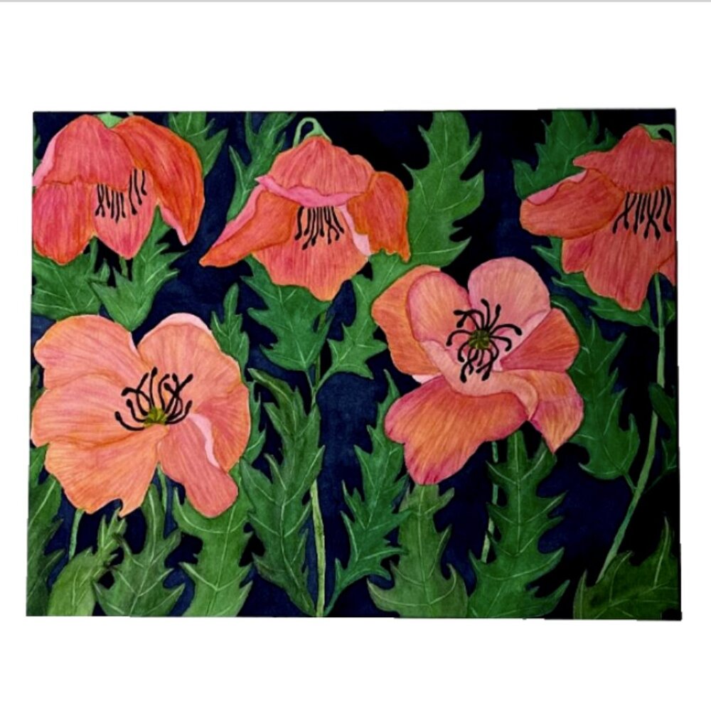 PAINTING WATERCOLOR ORIGINAL ART POPPY FLOWERS PINK ORANGE GREEN 11X14 MAT 16X20